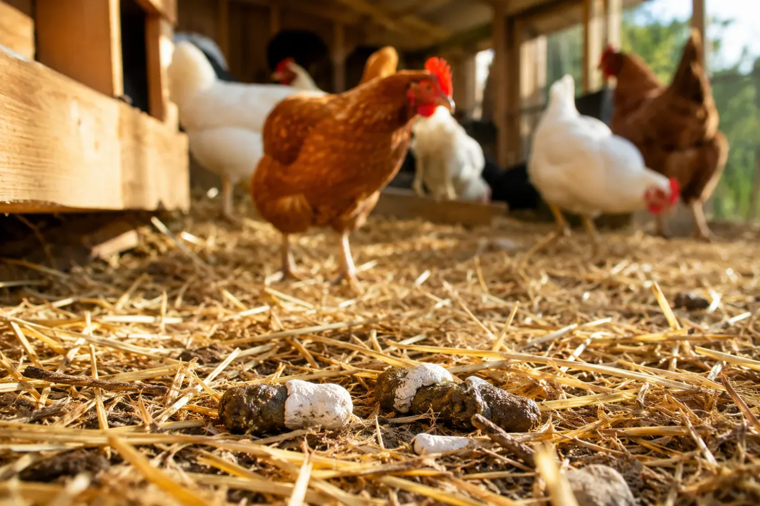 Professional () editorial hero image showing a bright, close-up view of normal chicken droppings visible on the ground
