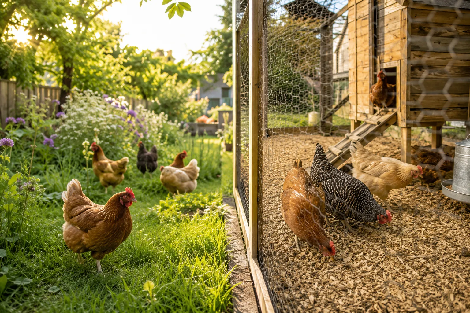 Professional () editorial hero image showing a vibrant backyard chicken scene split naturally down the middle: left side