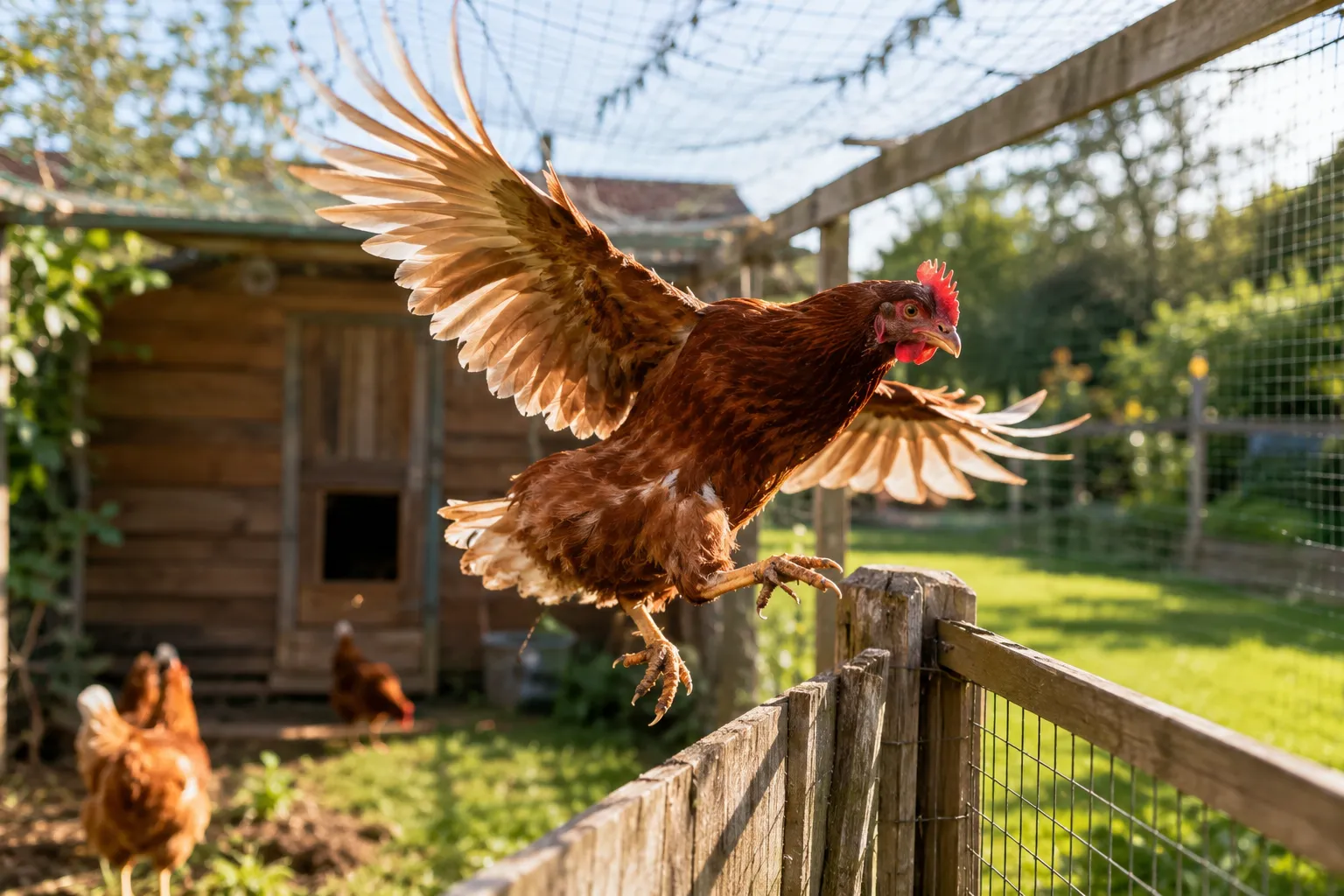 Professional () hero image showing a backyard chicken coop scene in bright natural daylight with a Rhode Island Red hen