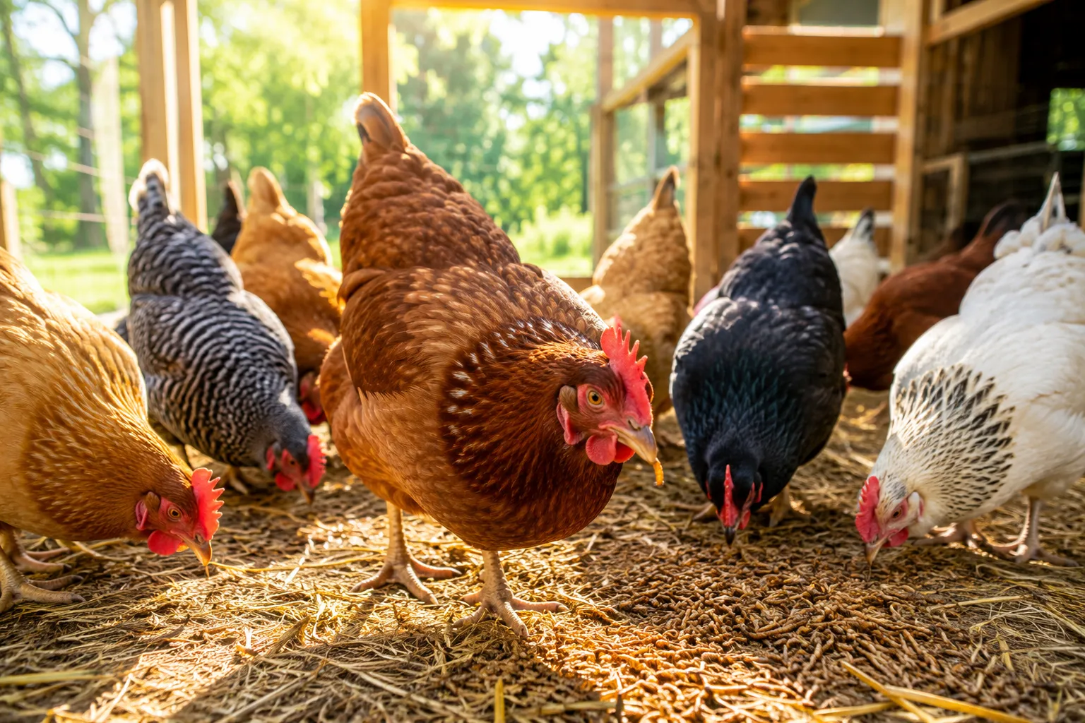 Professional () hero image showing a backyard chicken coop scene in bright natural daylight with a diverse flock of healthy