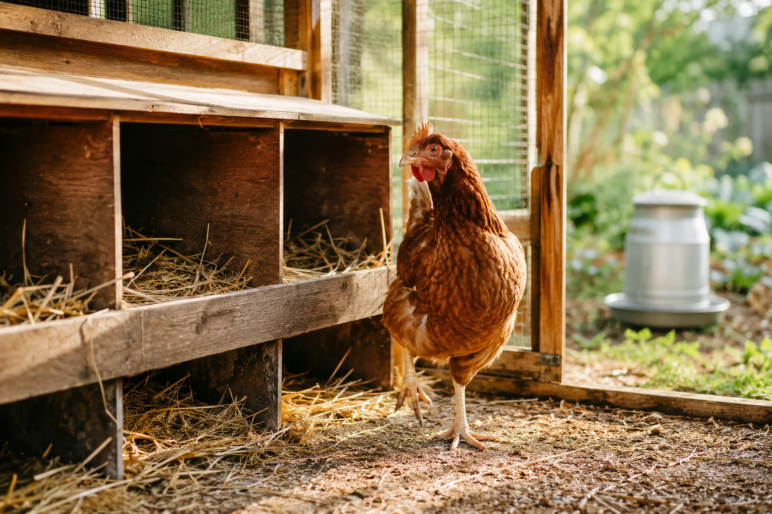 Professional () hero image showing a backyard chicken coop scene in warm natural daylight, featuring a healthy brown hen