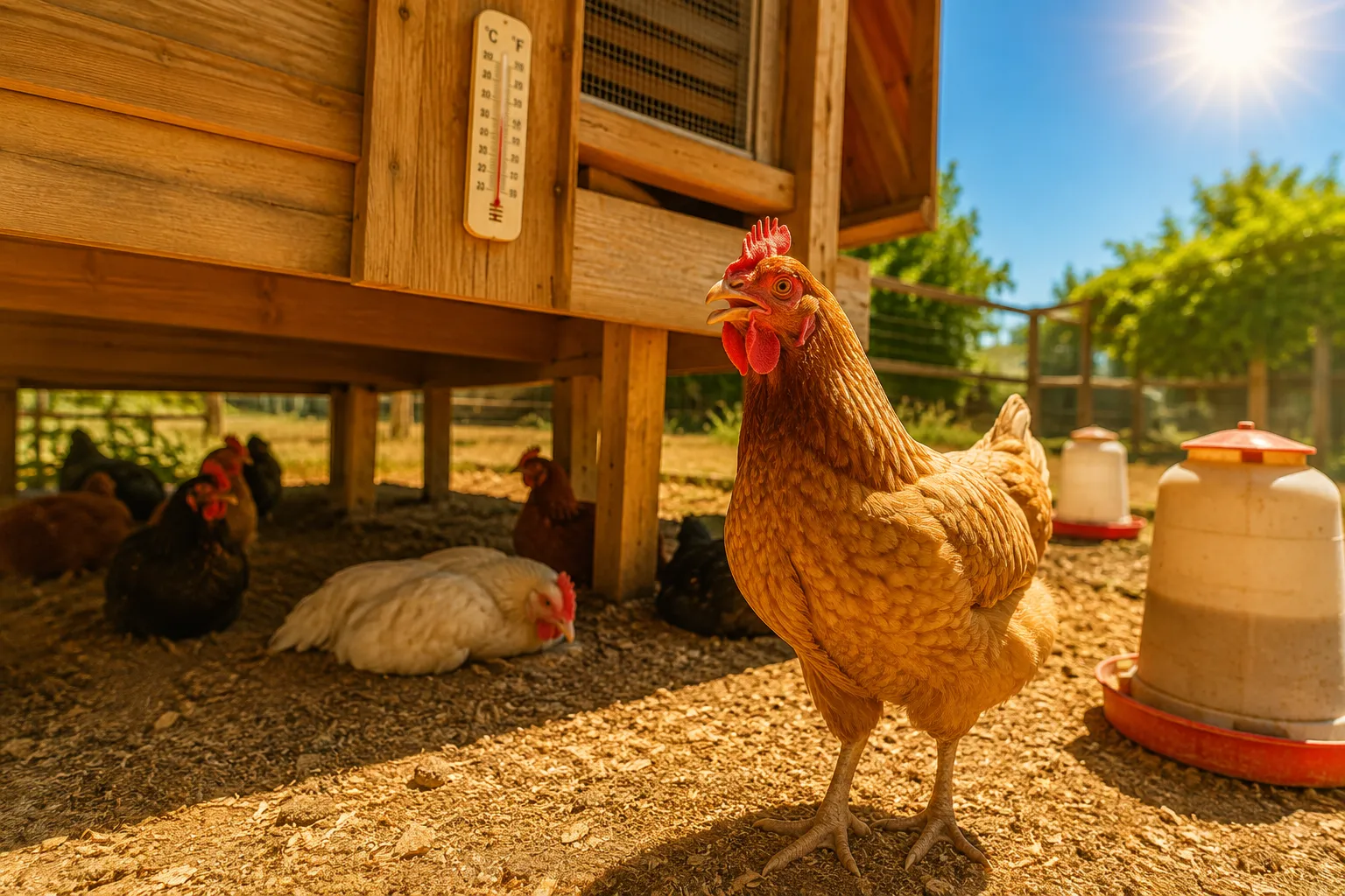 Professional () hero image showing a backyard chicken coop scene on a bright, hot summer day with intense sunlight, several