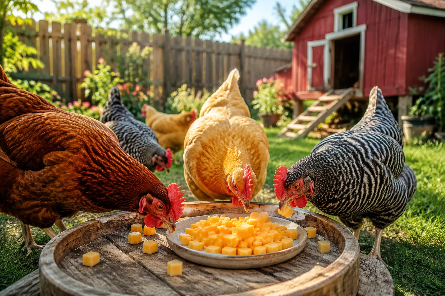 Professional () hero image showing a bright, cheerful backyard chicken coop scene in natural daylight with several colorful