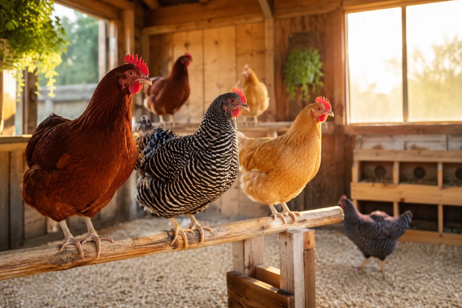 Professional () hero image showing a bright, featuring happy hens of mixed breeds (Rhode Island Red, Barred Rock, Buff