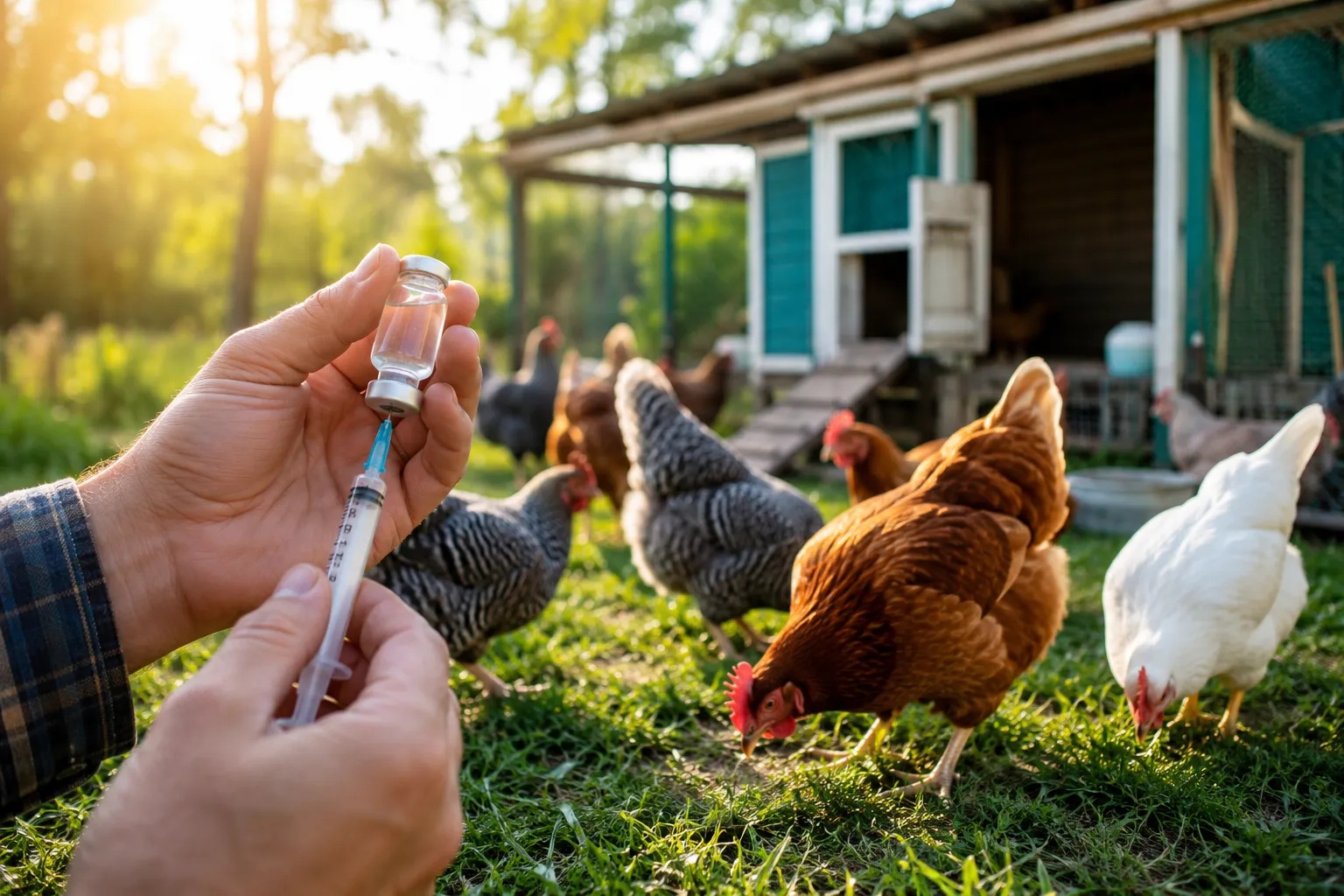 Professional () hero image showing a bright, Leghorn, Barred Rock) foraging on green grass, a farmer's hand gently holding a