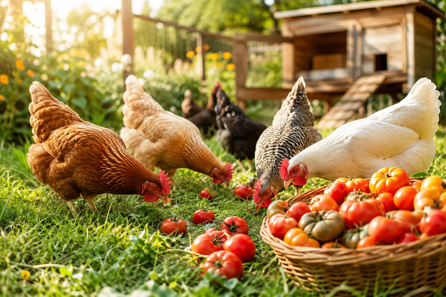 Professional () hero image showing a bright, sun-drenched backyard chicken coop scene with several happy hens pecking at