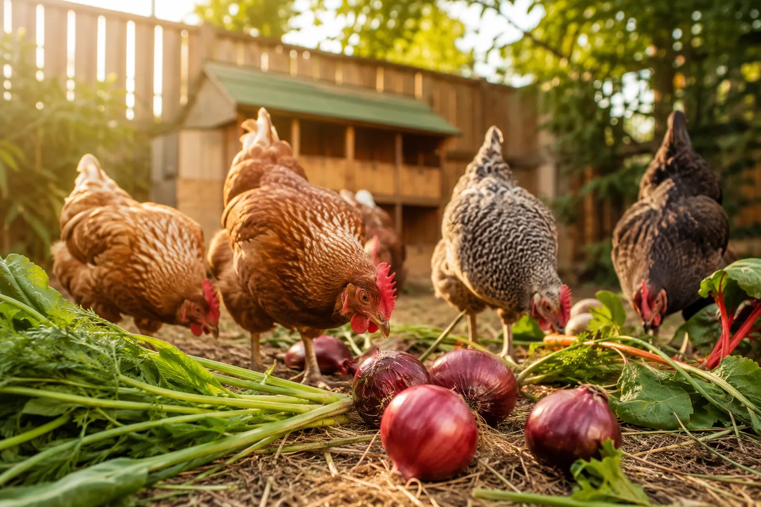 Professional () hero image showing a bright, sunlit backyard chicken coop scene with healthy hens pecking around fresh