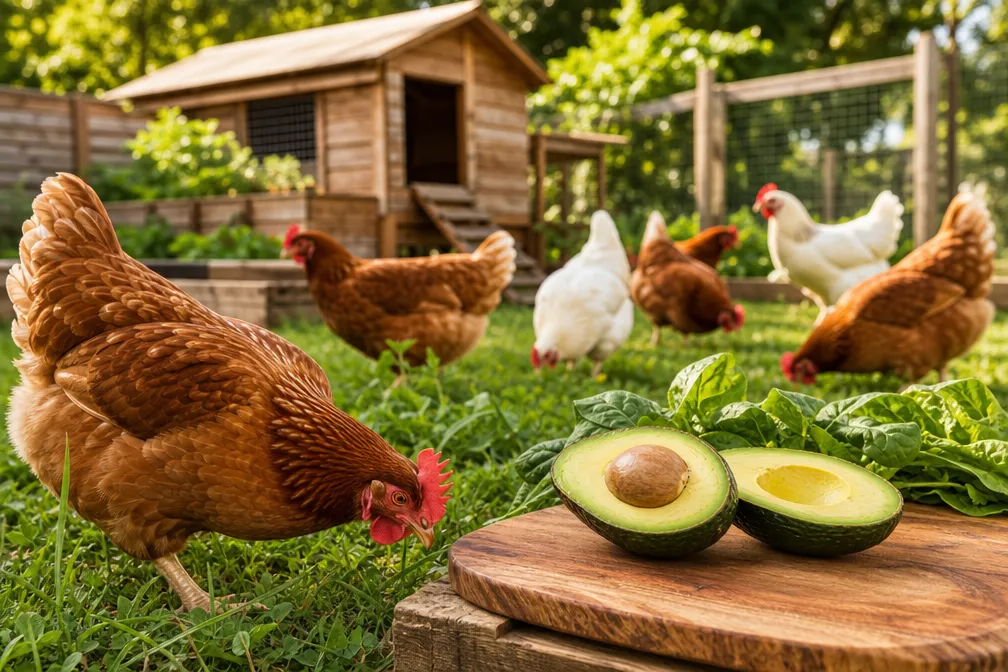 Professional () hero image showing a bright, sunlit backyard chicken coop scene with healthy brown and white chickens