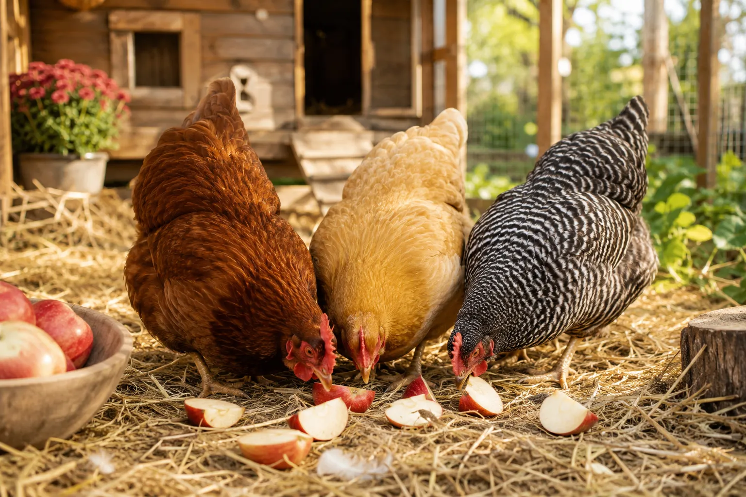 Professional () hero image showing a bright, sunlit backyard chicken coop scene with three heritage breed hens (one Rhode