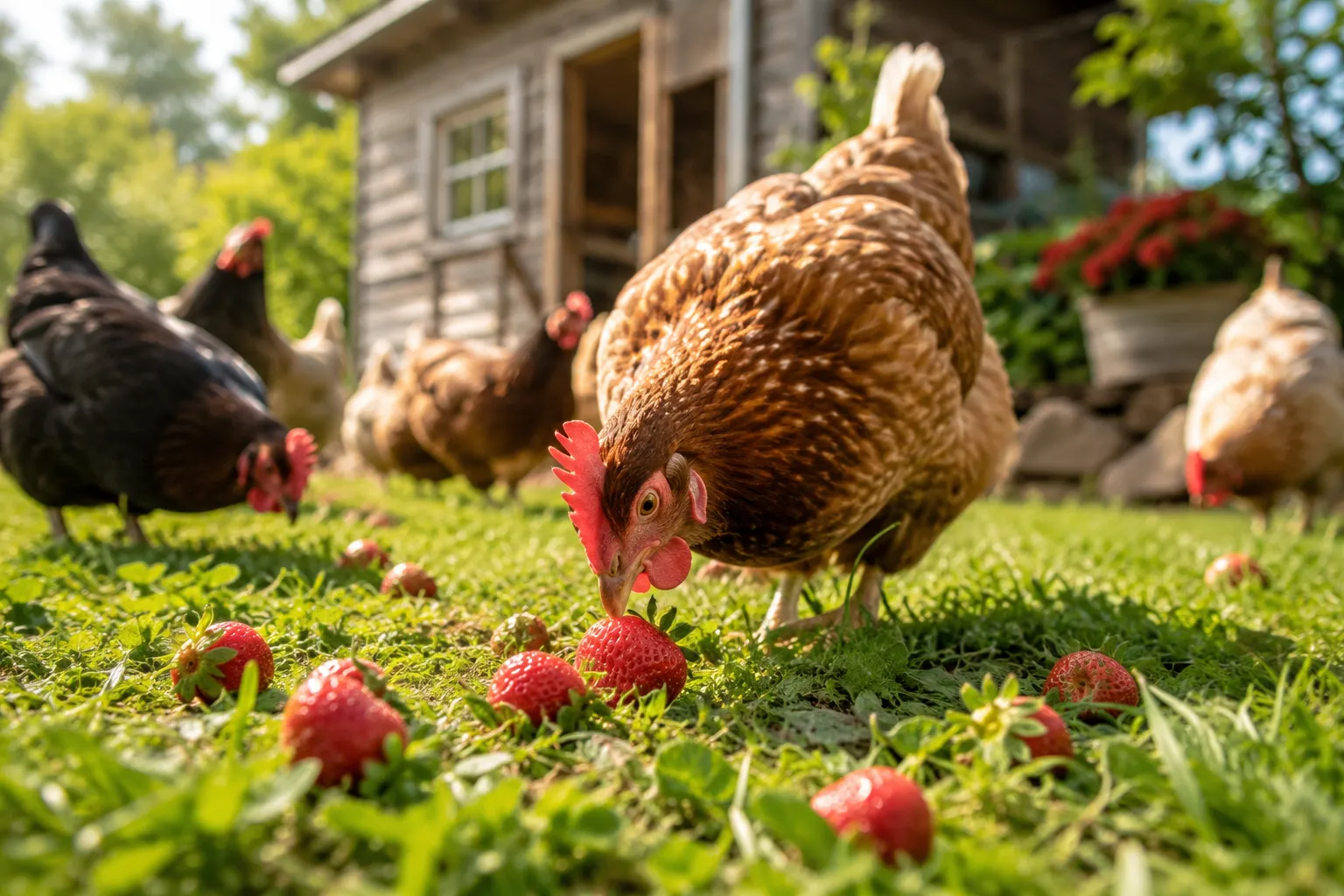 Professional () hero image showing a bright, sunlit backyard chicken coop scene with happy free-range chickens pecking at