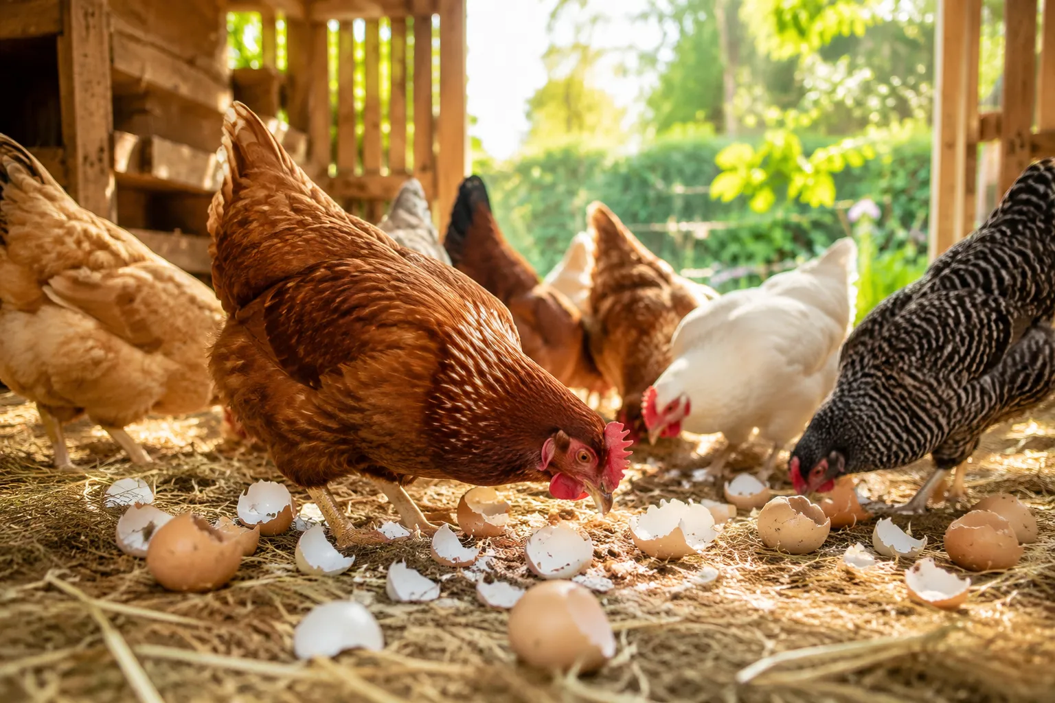 Professional () hero image showing a bright, sunlit backyard chicken coop scene with a diverse flock of healthy hens pecking