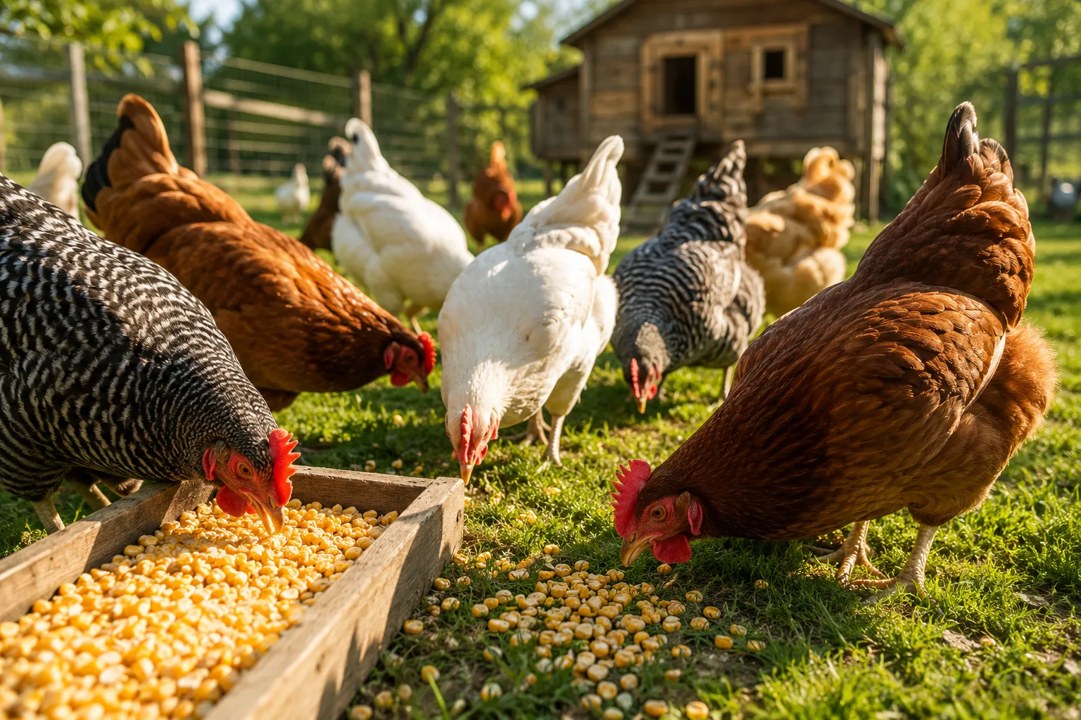 Professional () hero image showing a bright, sunlit backyard chicken coop scene with a diverse flock of healthy chickens