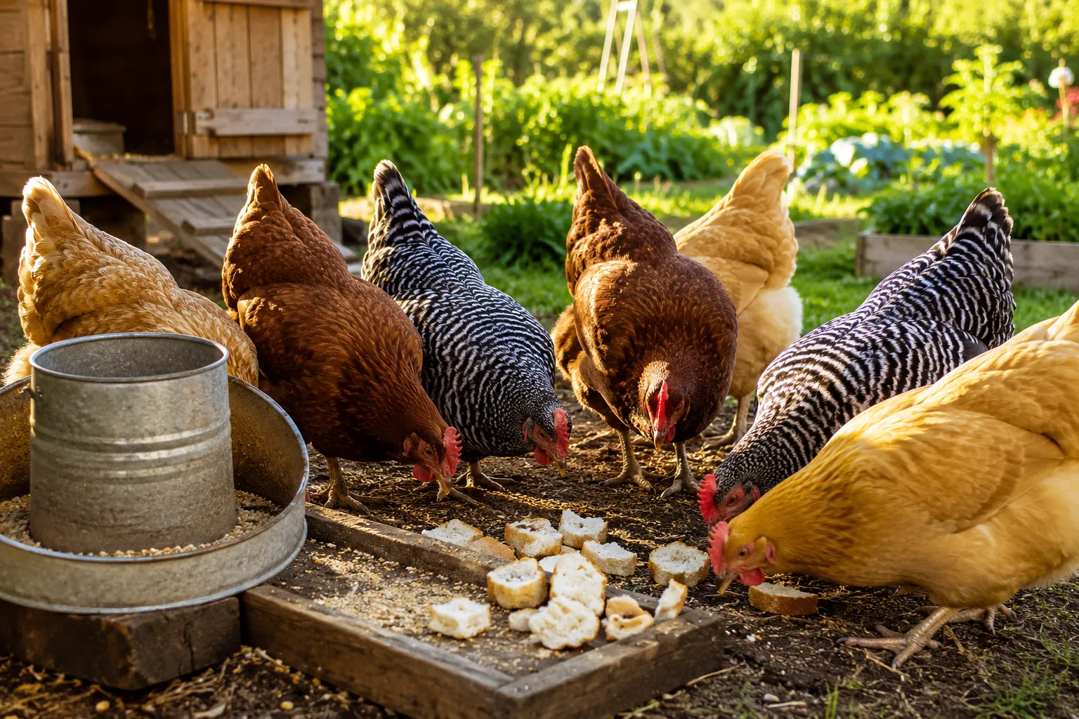 Professional () hero image showing a bright, sunny backyard chicken coop scene with a diverse flock of heritage breed