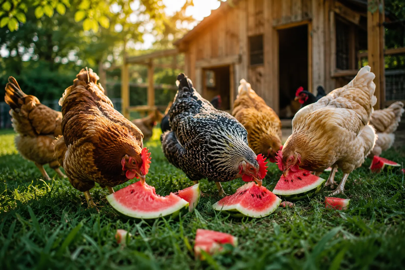 Professional () hero image showing a bright, sunny backyard chicken coop scene with happy hens pecking at fresh watermelon