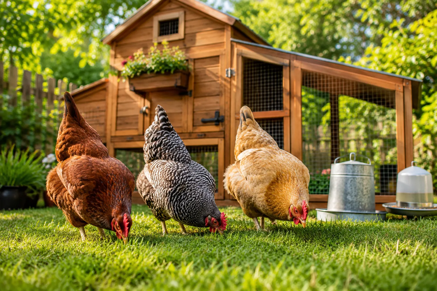 Professional () hero image showing a bright, sunny backyard scene with a charming wooden chicken coop in the background,