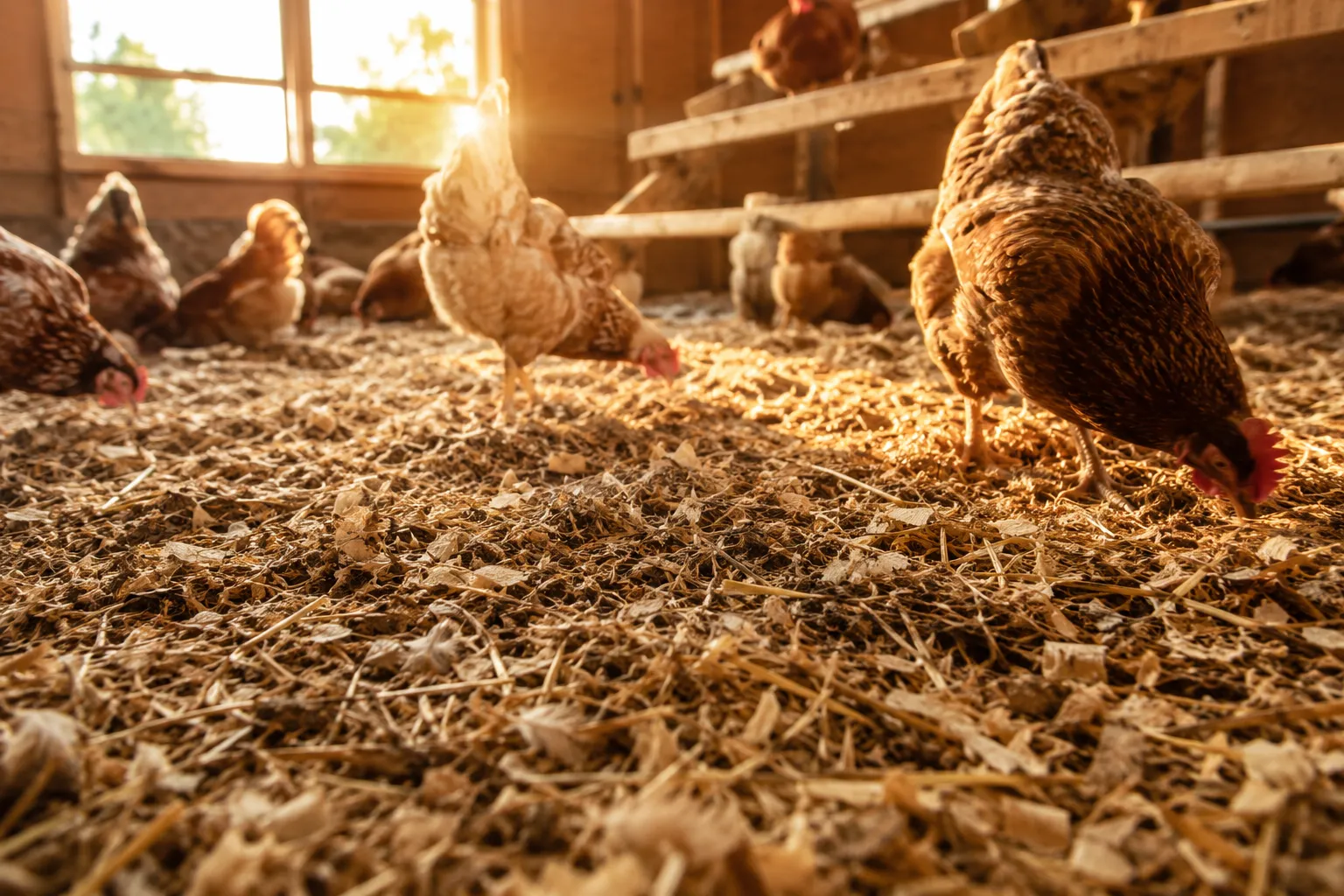 Professional () hero image showing a bright, thick layer of natural wood shavings and straw bedding covering the floor with