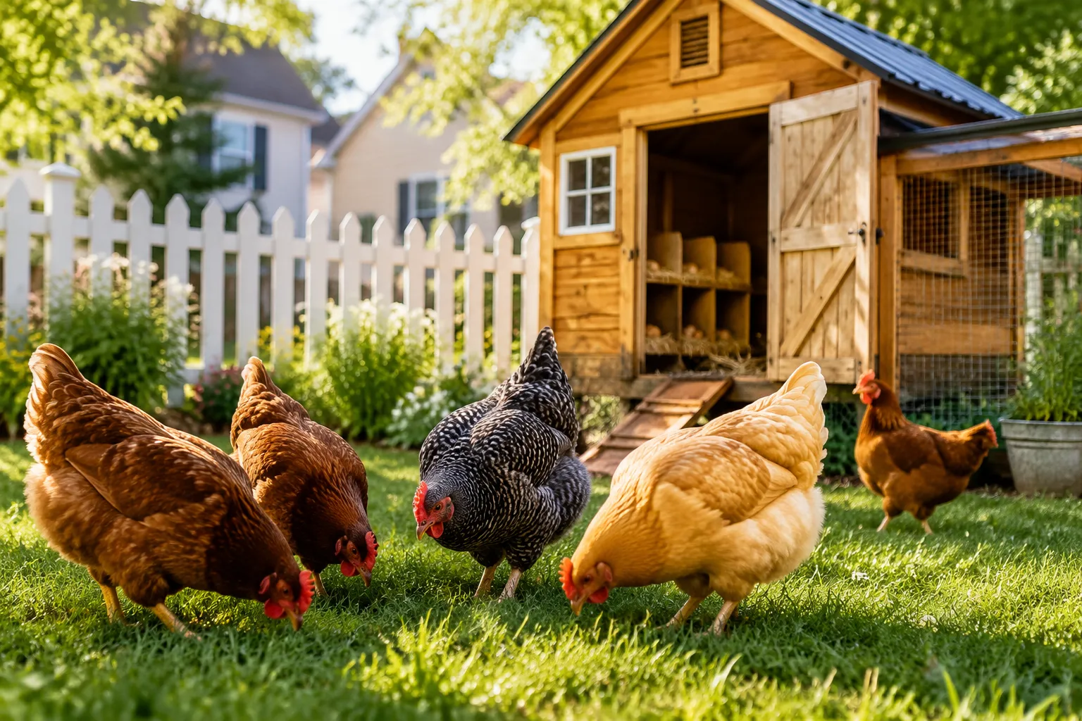 Professional () hero image showing a bright, welcoming backyard chicken coop scene in natural daylight. In the foreground,