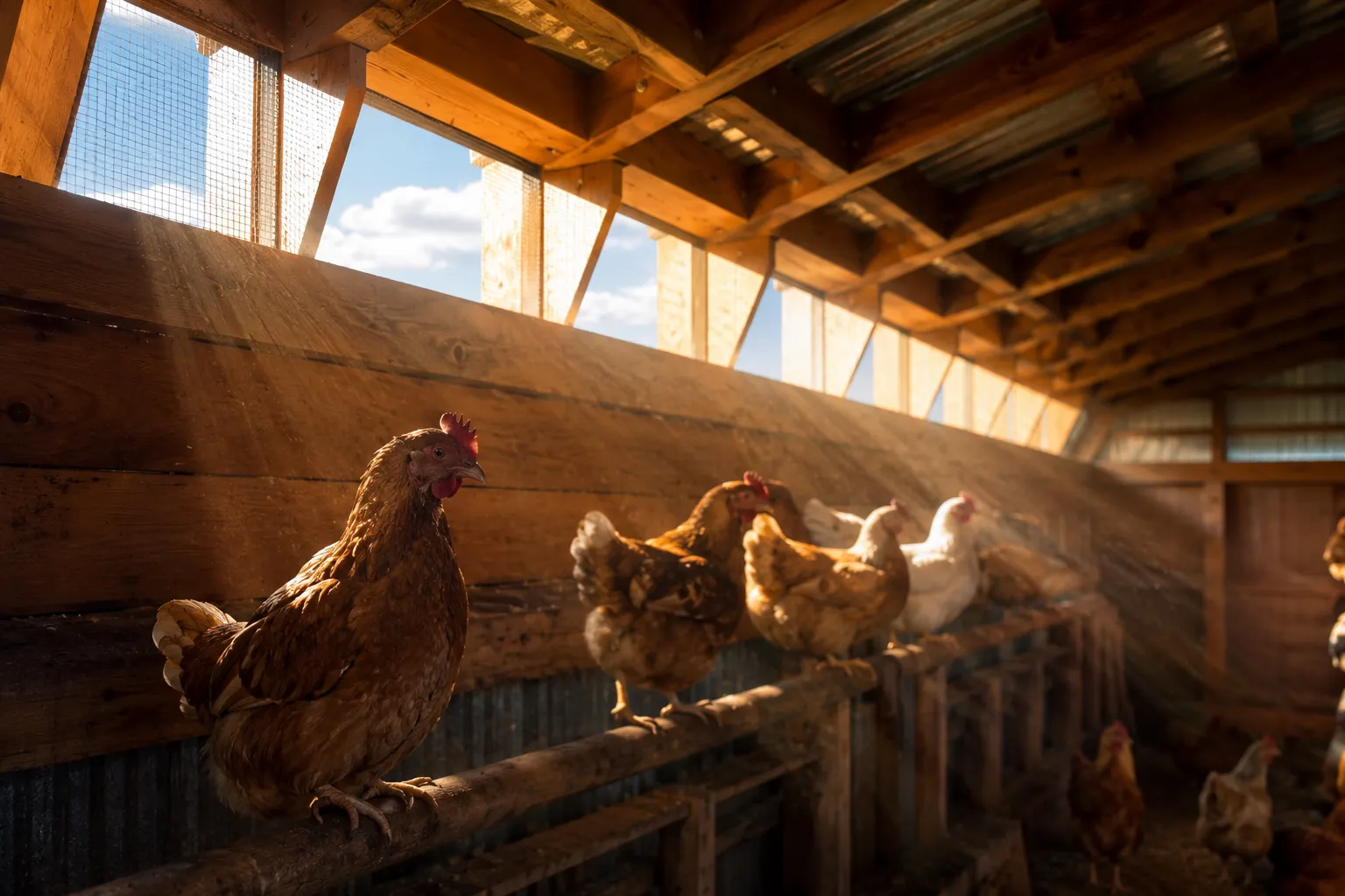 Professional () hero image showing a bright, well-lit chicken coop interior during golden hour sunlight streaming through