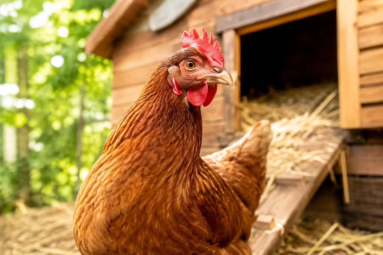 Professional () hero image showing a close-up editorial photograph of a healthy backyard chicken in bright natural daylight,