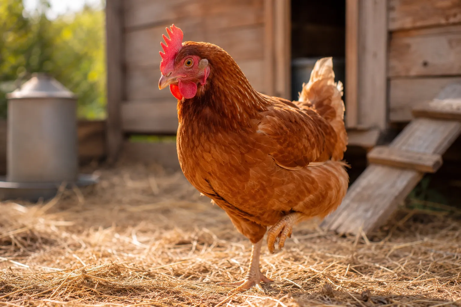 Professional () hero image showing a close-up editorial photograph of a healthy backyard chicken standing on straw bedding