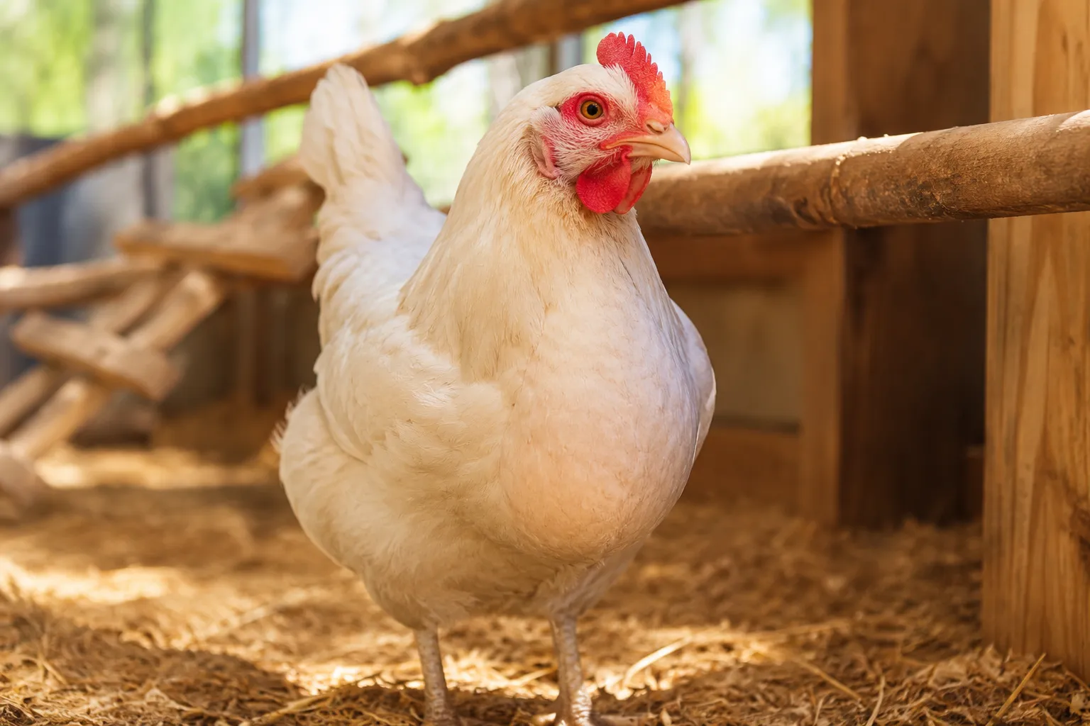 Professional () hero image showing a close-up editorial photograph of a healthy backyard chicken in bright natural daylight,