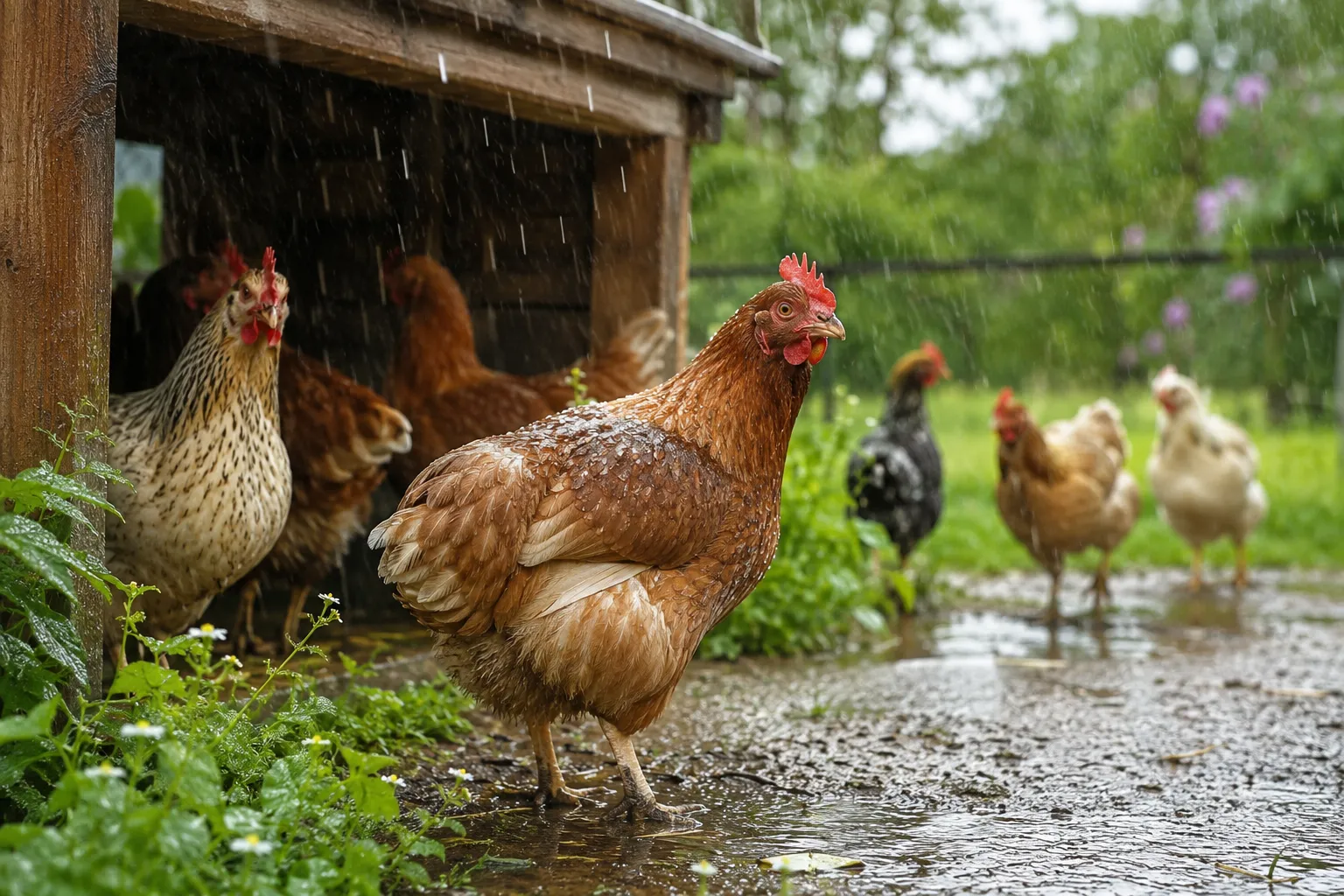 Professional () hero image showing a group of mixed-breed chickens in a gentle spring rain shower, some standing under a