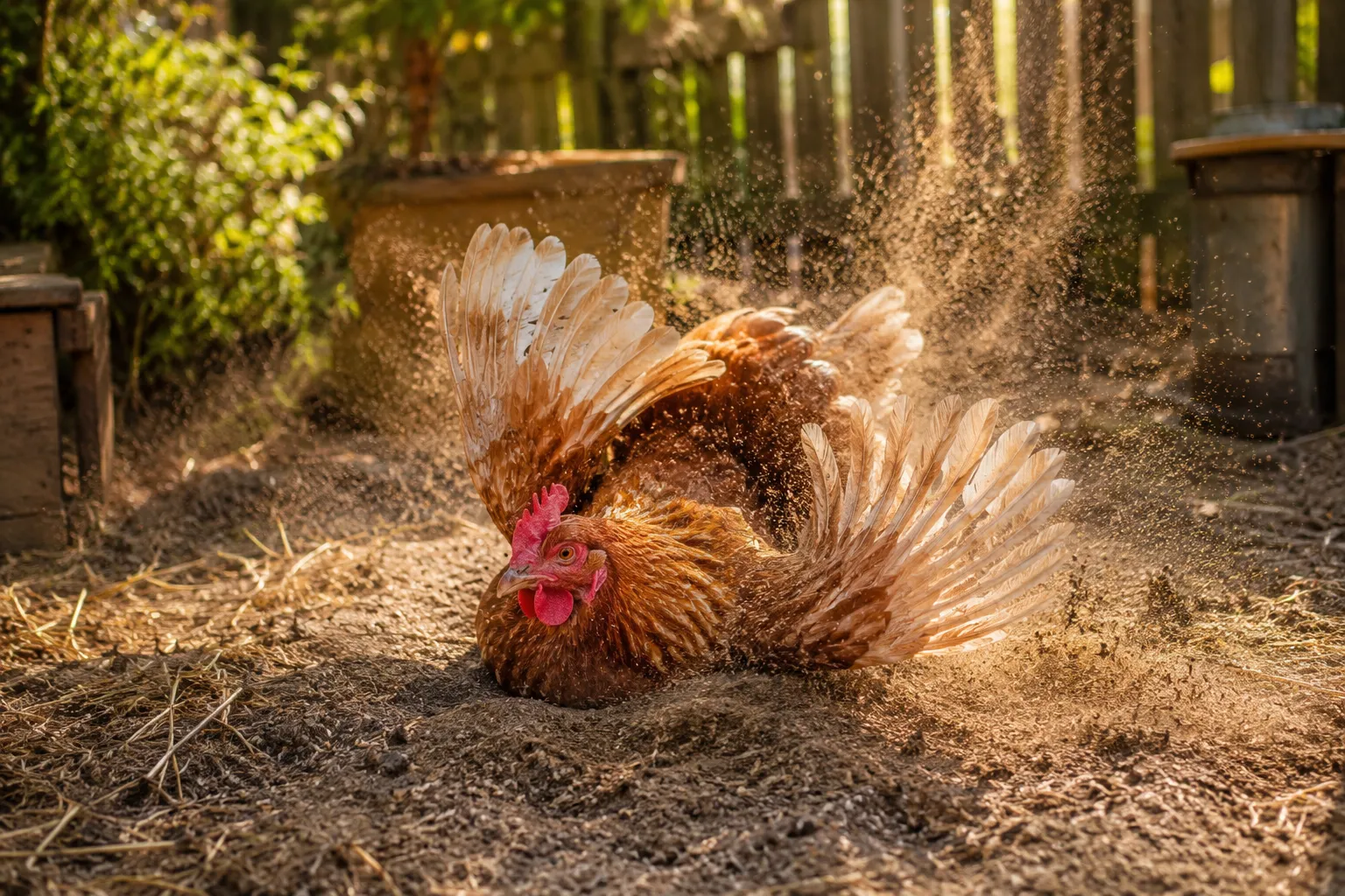 Professional () hero image showing a happy hen mid-dust bath in golden afternoon sunlight, feathers fluffed and wings spread