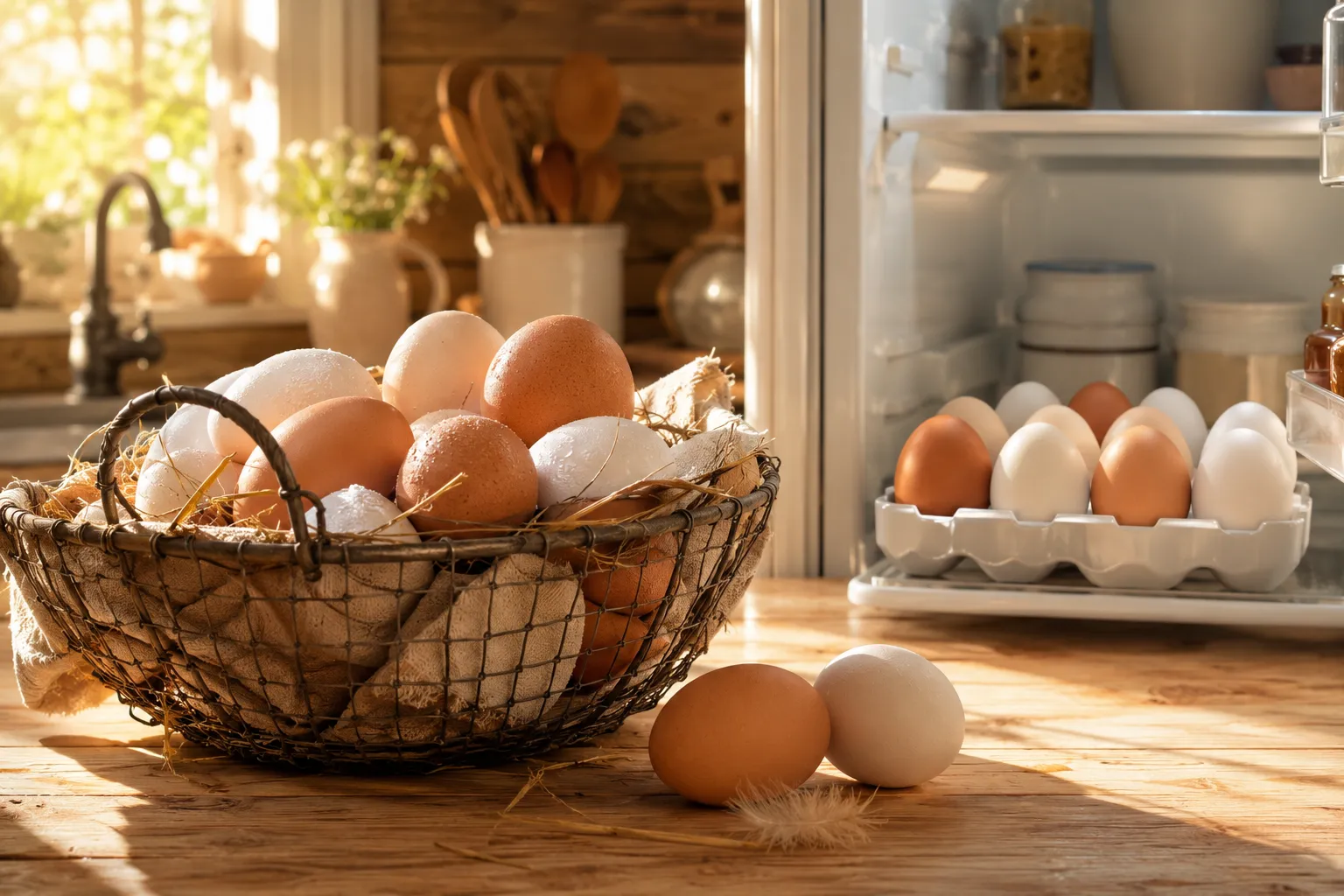 Professional () hero image showing a rustic farmhouse kitchen countertop bathed in warm morning sunlight, featuring a woven