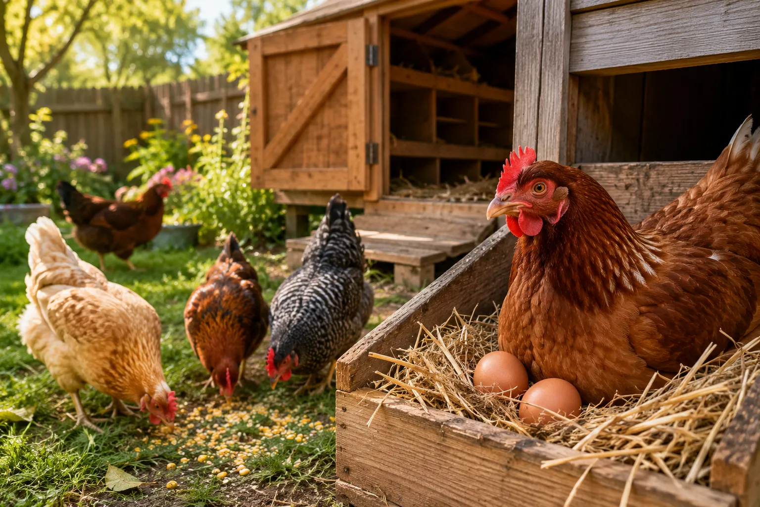 Professional () hero image showing a vibrant backyard chicken coop scene in bright natural daylight. In the foreground, a