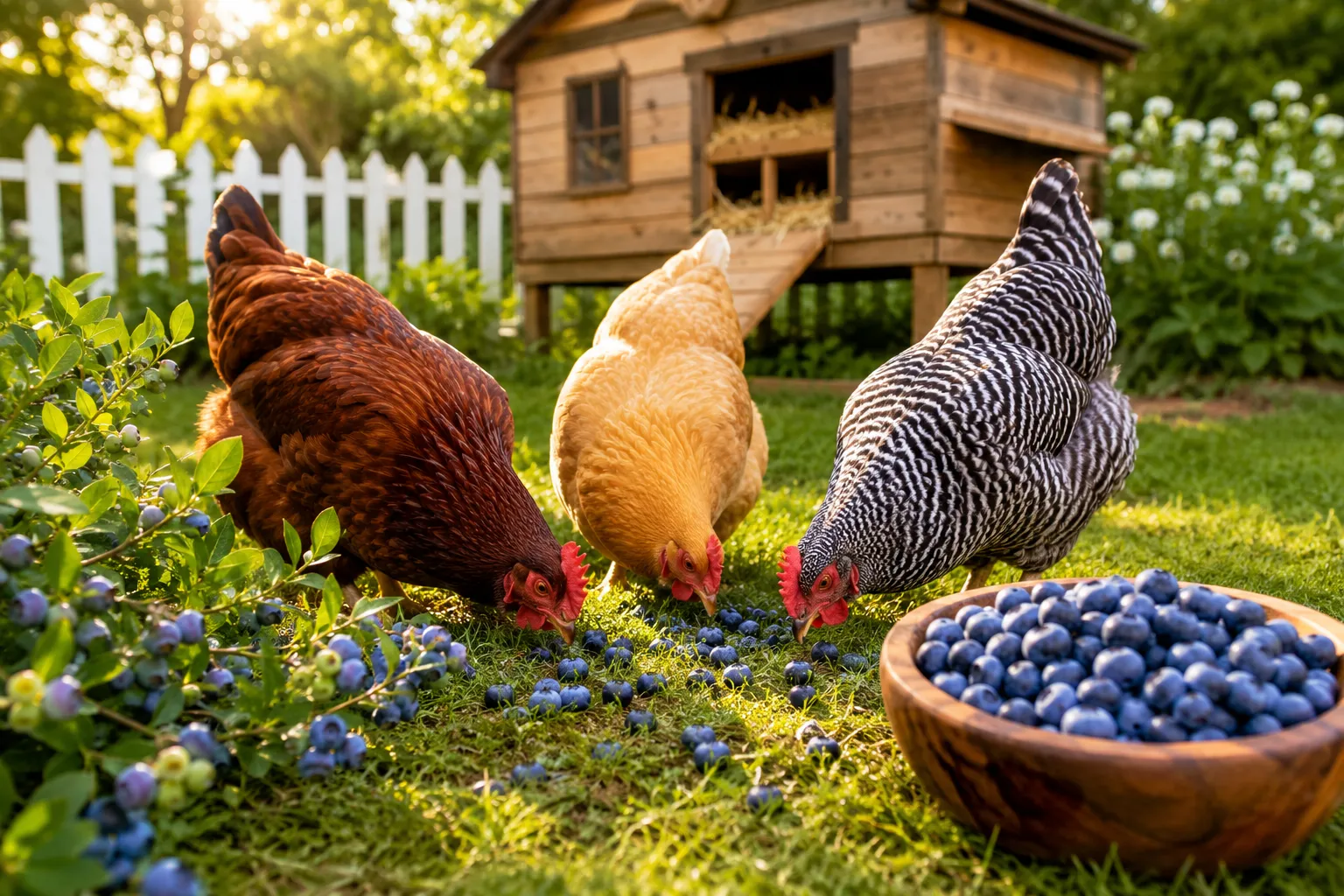Professional () hero image showing a vibrant backyard chicken coop scene in bright natural daylight. In the foreground,