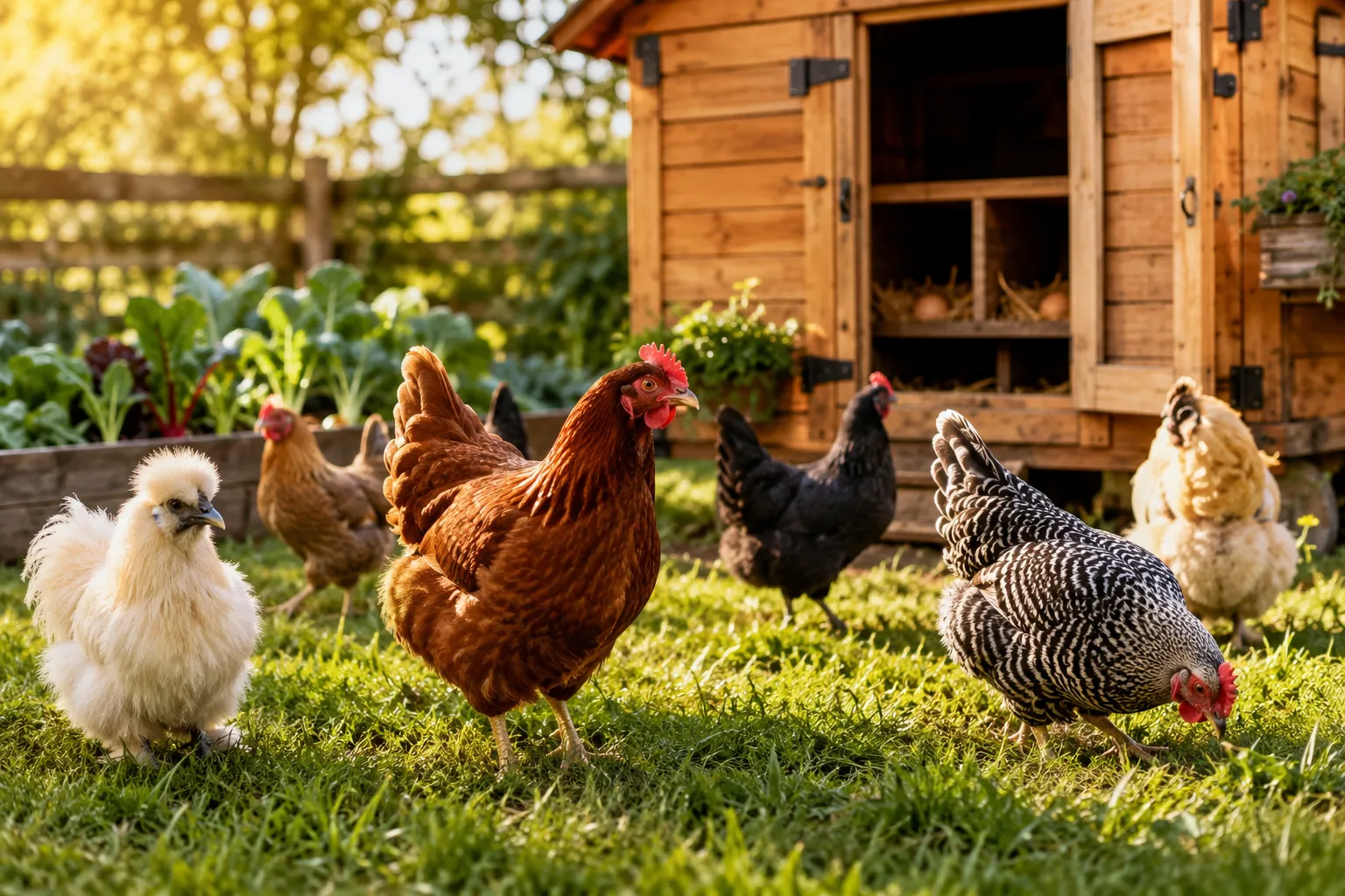 Professional () hero image showing a vibrant backyard chicken coop scene in warm afternoon sunlight. In the foreground, a