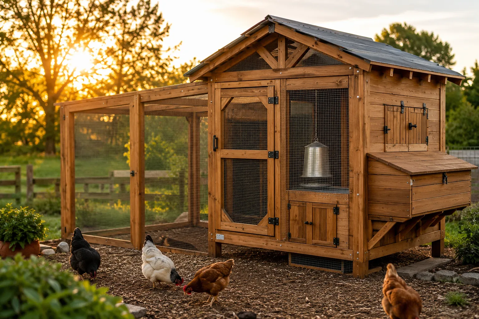 Professional () hero image showing a well-maintained wooden chicken coop at golden hour with hardware cloth mesh visible on