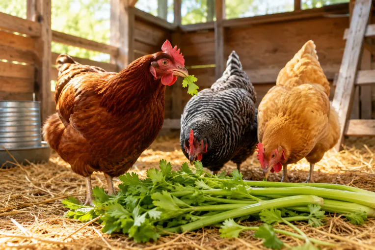 Professional () hero image showing a bright, sunlit backyard chicken coop scene with three healthy hens of different breeds